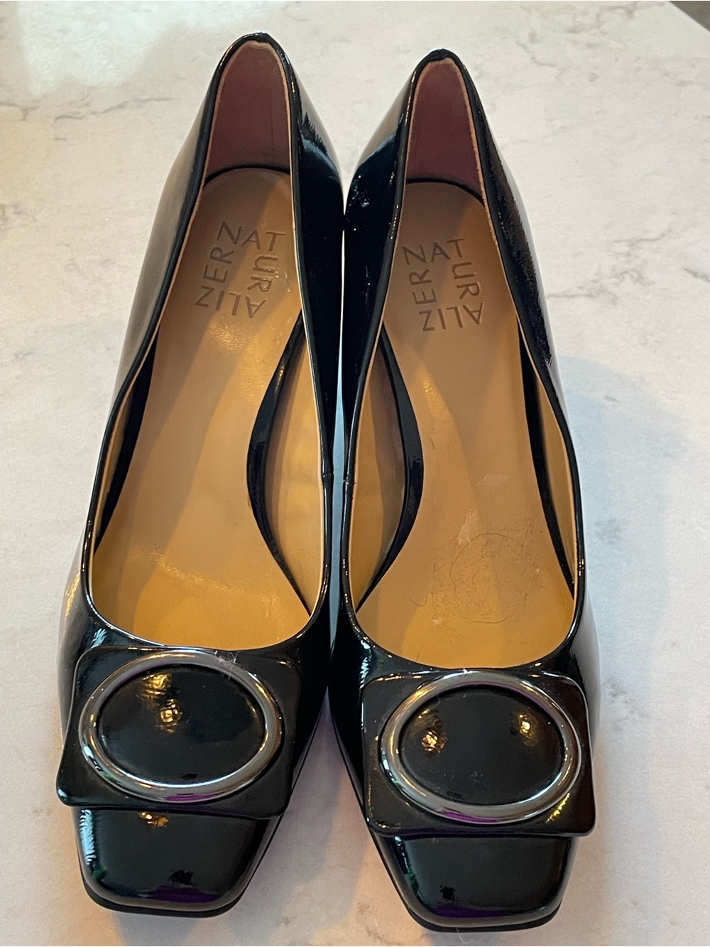 Naturalizer Black Leather Low Block Heel Pumps. Item #11405
